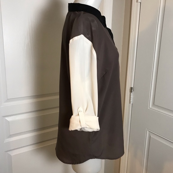 ANN TAYLOR GREY BLACK & WHITE COLOR BLOCK SHIRT - Picture 4 of 6